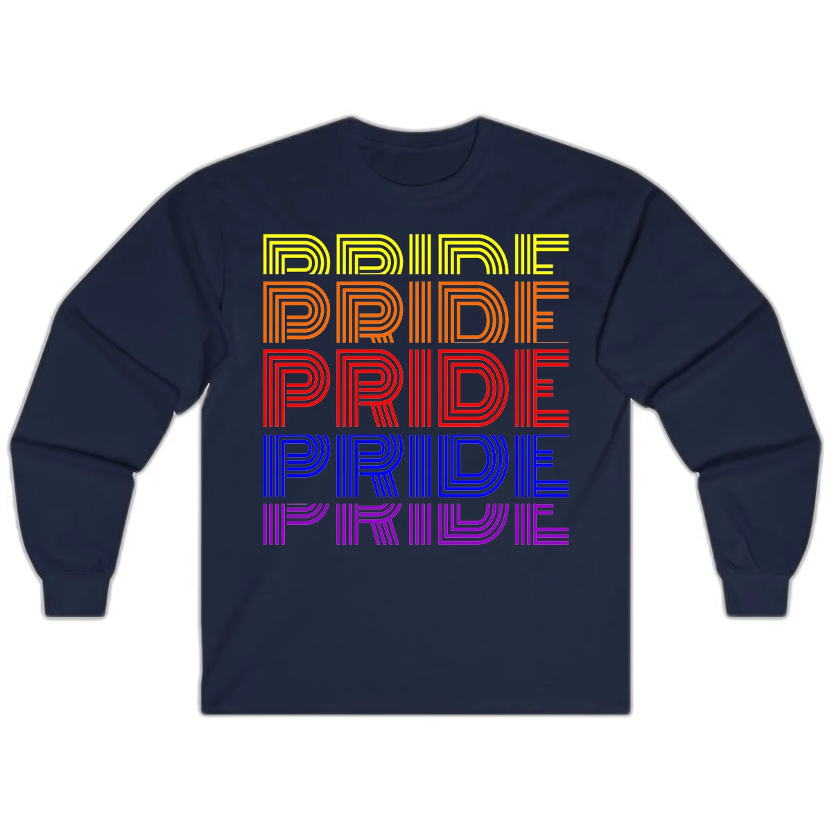 Rainbow-pride-stripes design with the word PRIDE repeated five times in yellow, orange, red, blue, and purple concentric lines on gray background in Navy