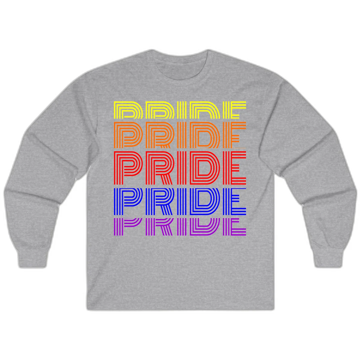 Rainbow-pride-stripes design with the word PRIDE repeated five times in yellow, orange, red, blue, and purple concentric lines on gray background in Sport Grey