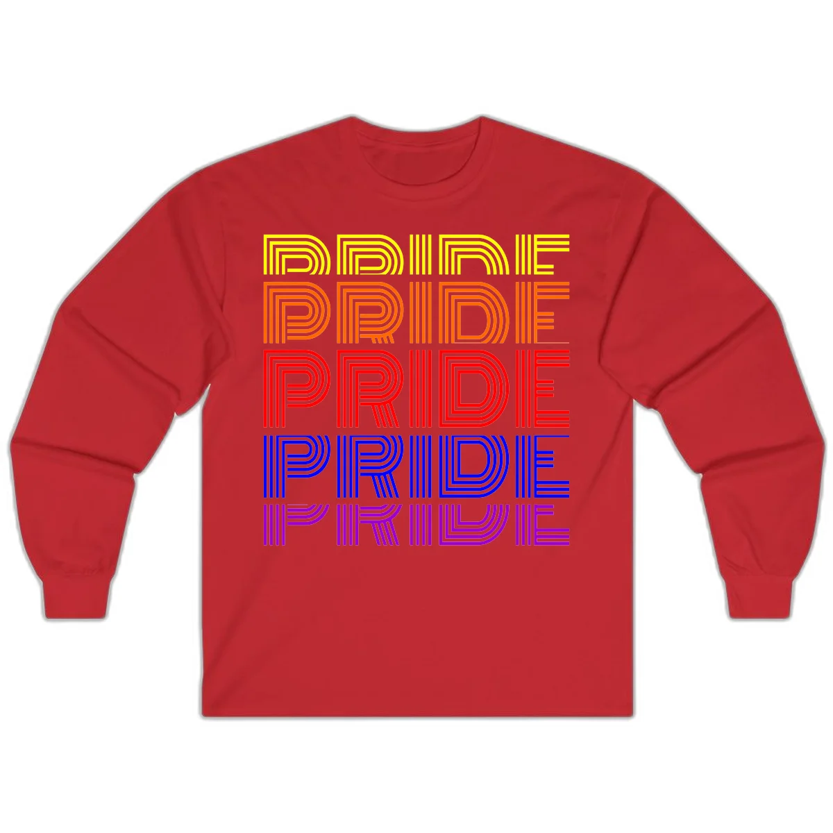 Rainbow-pride-stripes design with the word PRIDE repeated five times in yellow, orange, red, blue, and purple concentric lines on gray background in Red