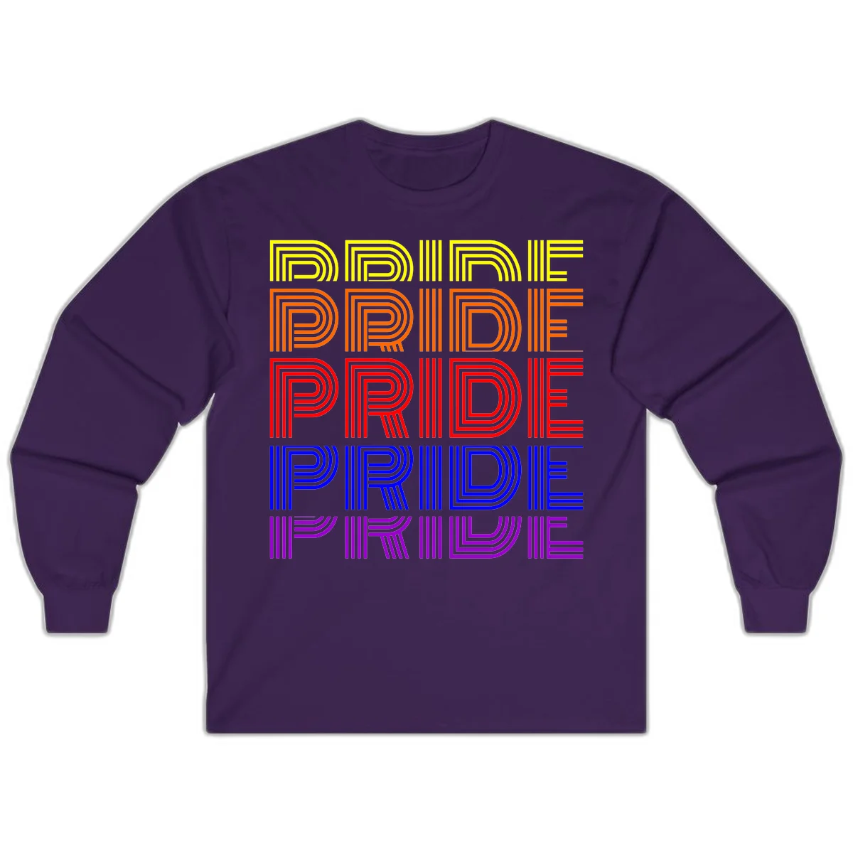 Rainbow-pride-stripes design with the word PRIDE repeated five times in yellow, orange, red, blue, and purple concentric lines on gray background in Purple