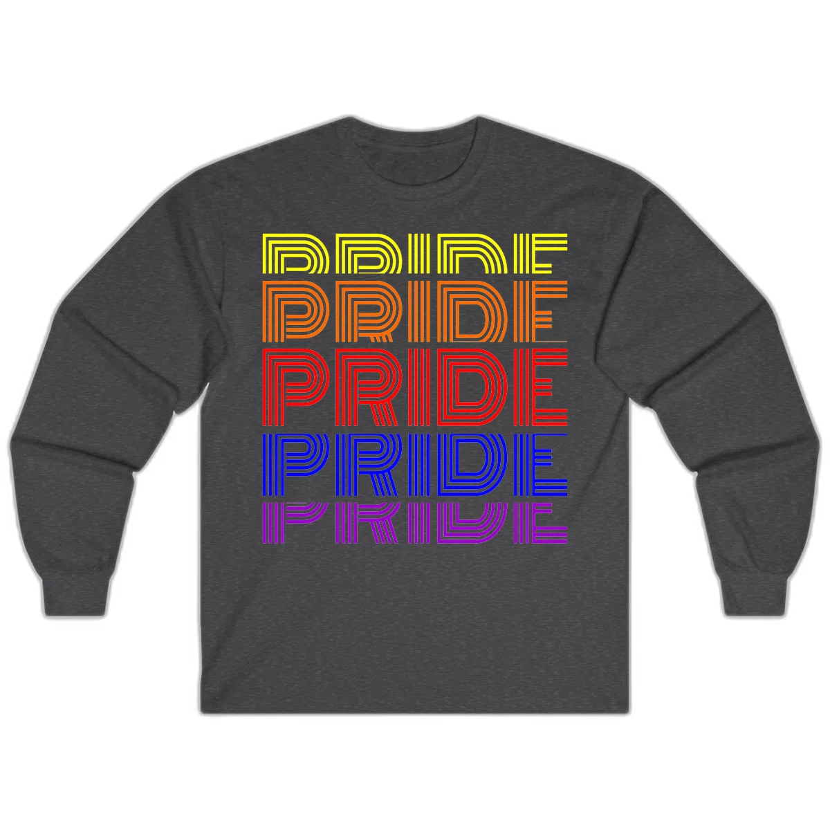 Rainbow-pride-stripes design with the word PRIDE repeated five times in yellow, orange, red, blue, and purple concentric lines on gray background in Dark Heather