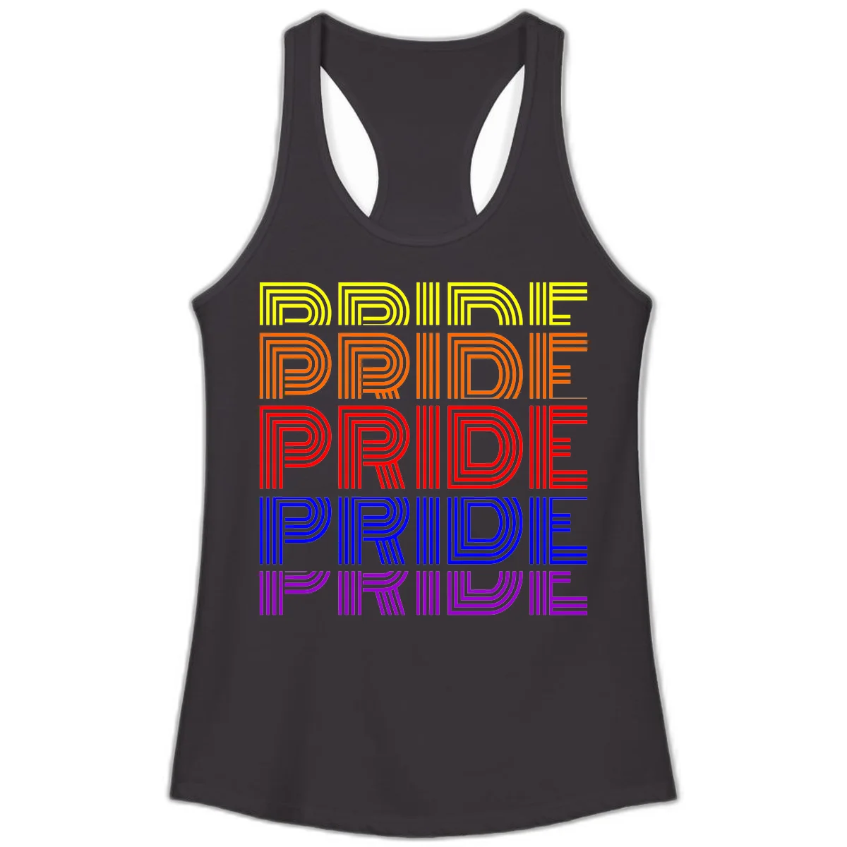 Rainbow-pride-stripes design with the word PRIDE repeated five times in yellow, orange, red, blue, and purple concentric lines on gray background in Black
