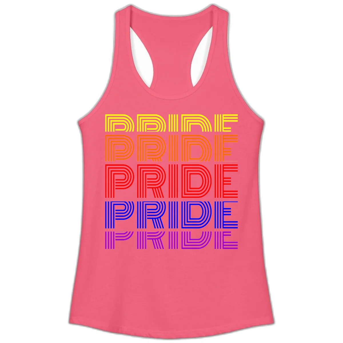 Rainbow-pride-stripes design with the word PRIDE repeated five times in yellow, orange, red, blue, and purple concentric lines on gray background in Hot Pink