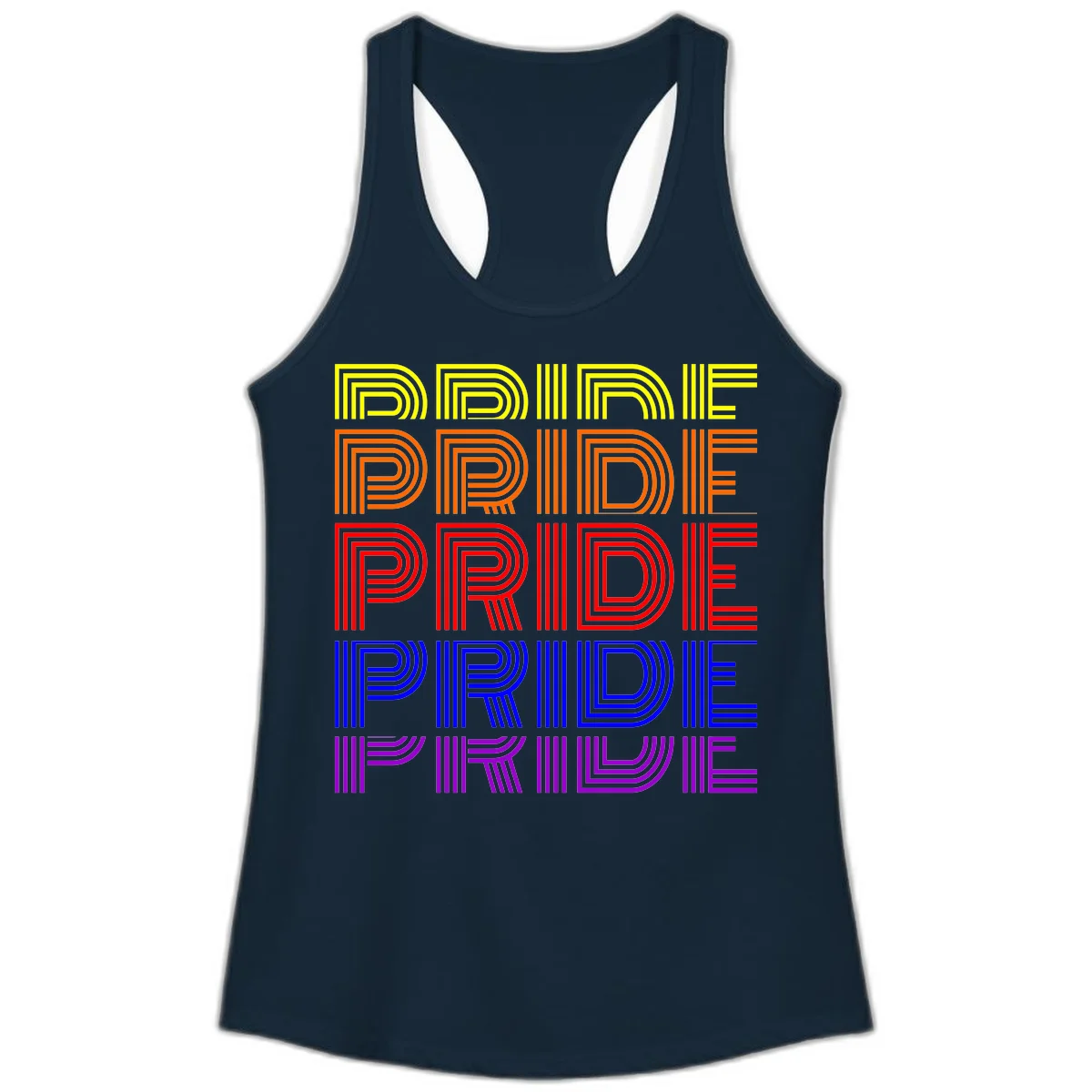 Rainbow-pride-stripes design with the word PRIDE repeated five times in yellow, orange, red, blue, and purple concentric lines on gray background in Solid Midnight Navy