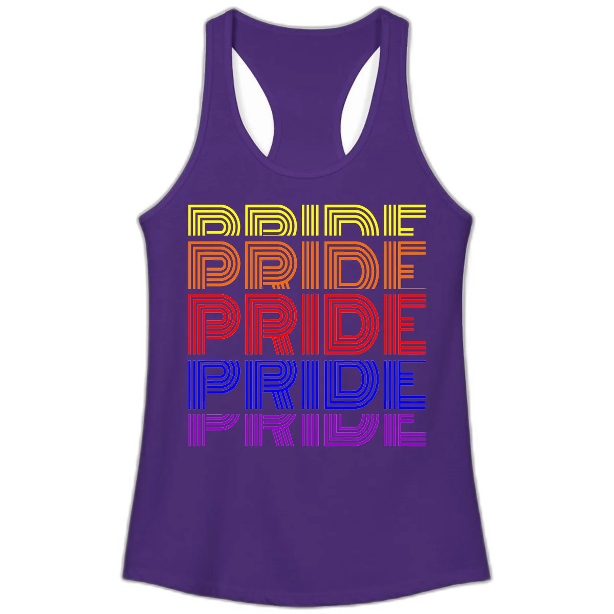 Rainbow-pride-stripes design with the word PRIDE repeated five times in yellow, orange, red, blue, and purple concentric lines on gray background in Solid Purple Rush