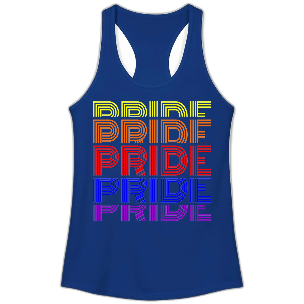 Rainbow-pride-stripes design with the word PRIDE repeated five times in yellow, orange, red, blue, and purple concentric lines on gray background in Solid Royal