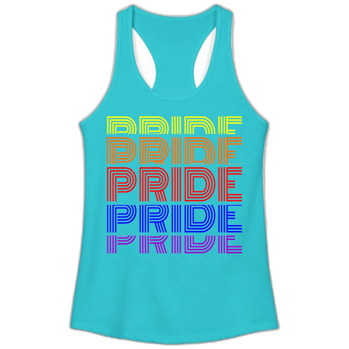 Rainbow-pride-stripes design with the word PRIDE repeated five times in yellow, orange, red, blue, and purple concentric lines on gray background in Solid Tahiti Blue