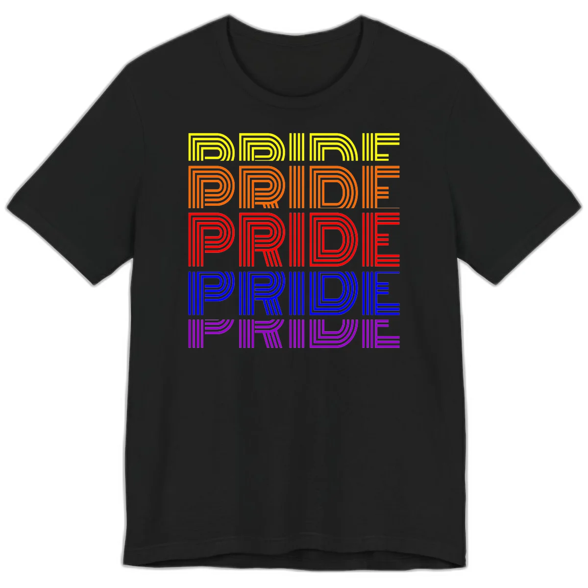 Rainbow-pride-stripes design with the word PRIDE repeated five times in yellow, orange, red, blue, and purple concentric lines on gray background in Black