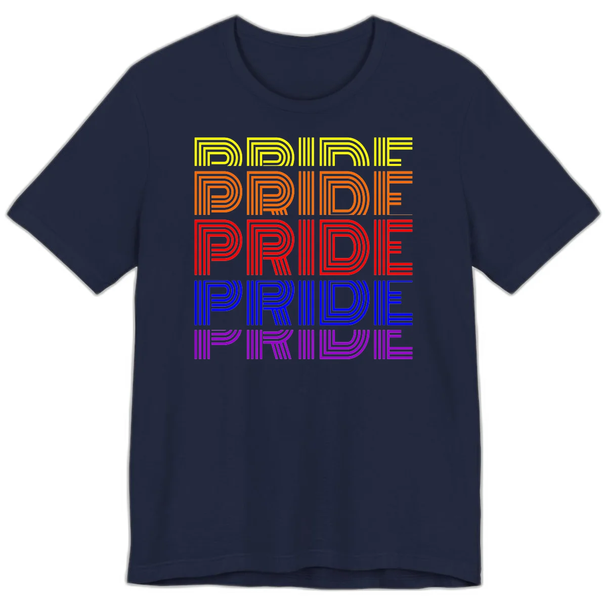 Rainbow-pride-stripes design with the word PRIDE repeated five times in yellow, orange, red, blue, and purple concentric lines on gray background in Navy