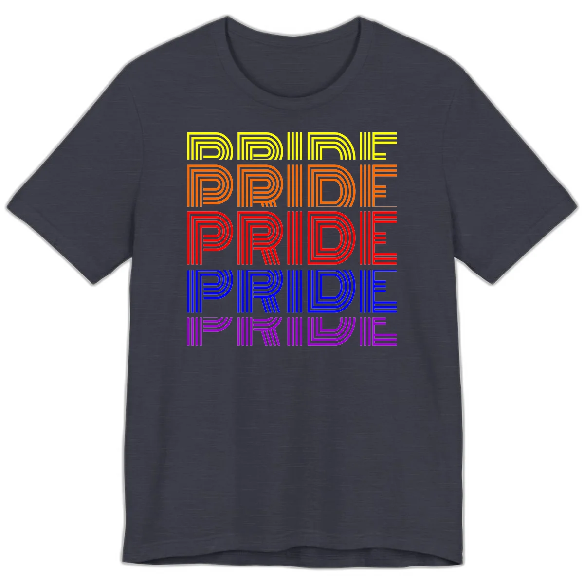 Rainbow-pride-stripes design with the word PRIDE repeated five times in yellow, orange, red, blue, and purple concentric lines on gray background in Heather Midnight Navy