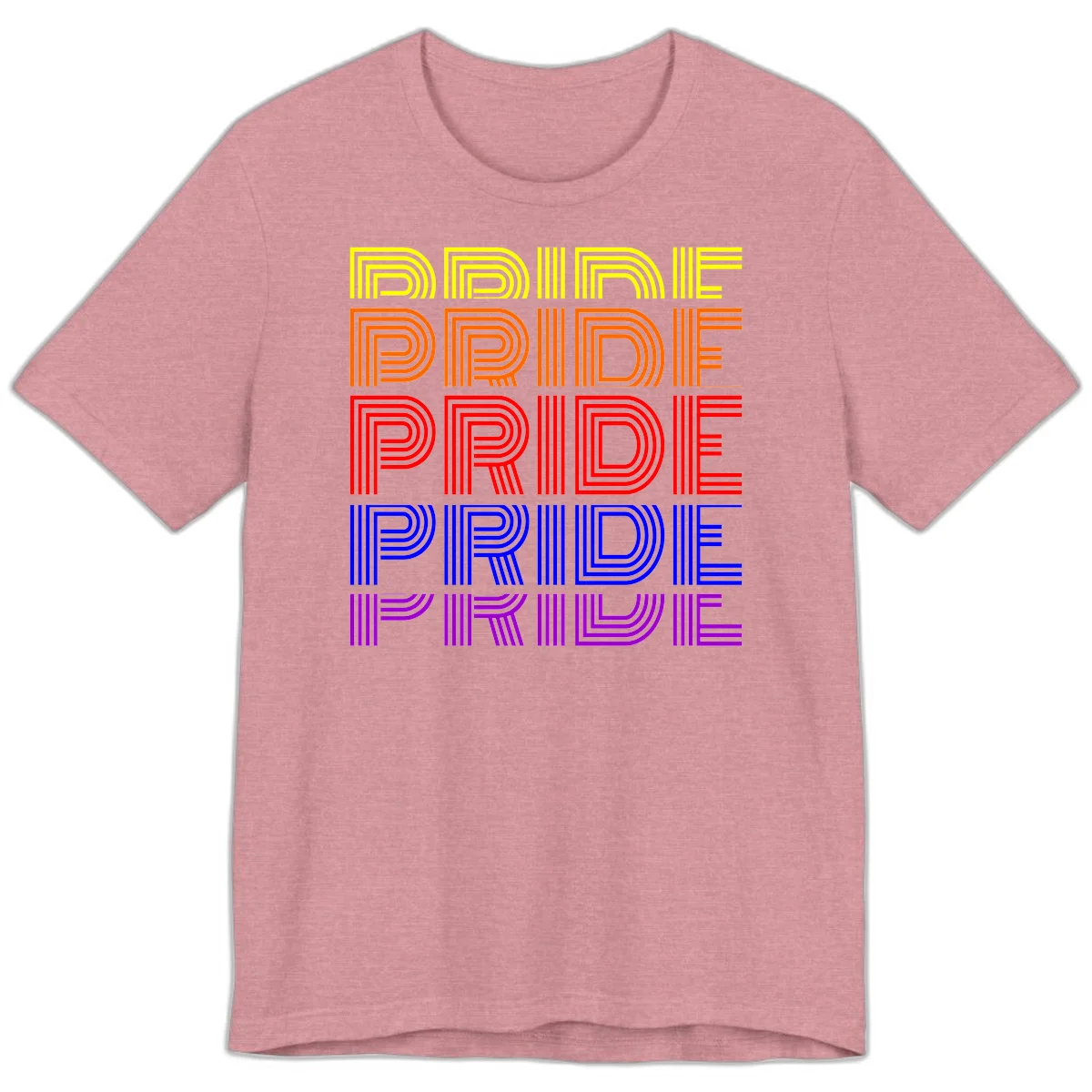 Rainbow-pride-stripes design with the word PRIDE repeated five times in yellow, orange, red, blue, and purple concentric lines on gray background in Heather Orchid