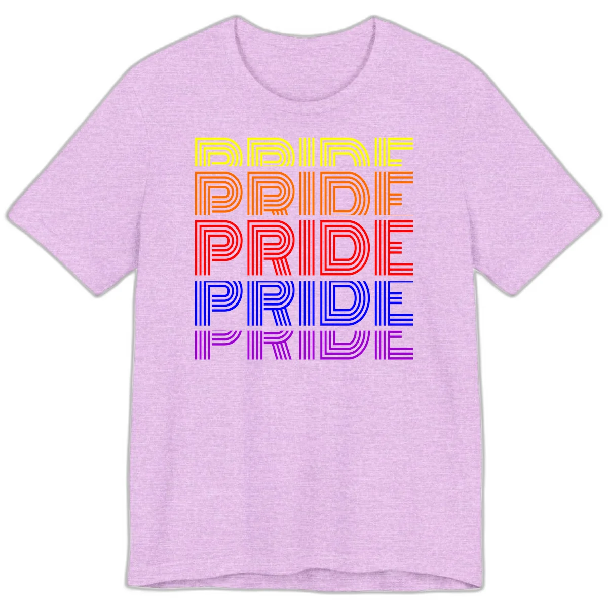 Rainbow-pride-stripes design with the word PRIDE repeated five times in yellow, orange, red, blue, and purple concentric lines on gray background in Heather Prism Lilac