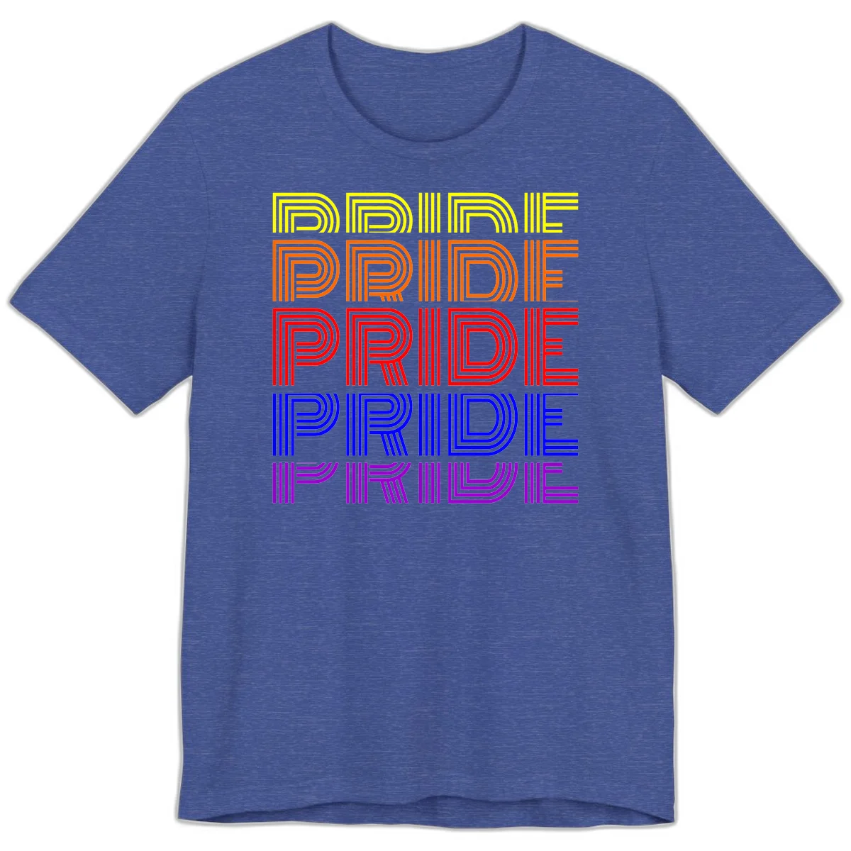 Rainbow-pride-stripes design with the word PRIDE repeated five times in yellow, orange, red, blue, and purple concentric lines on gray background in Heather True Royal