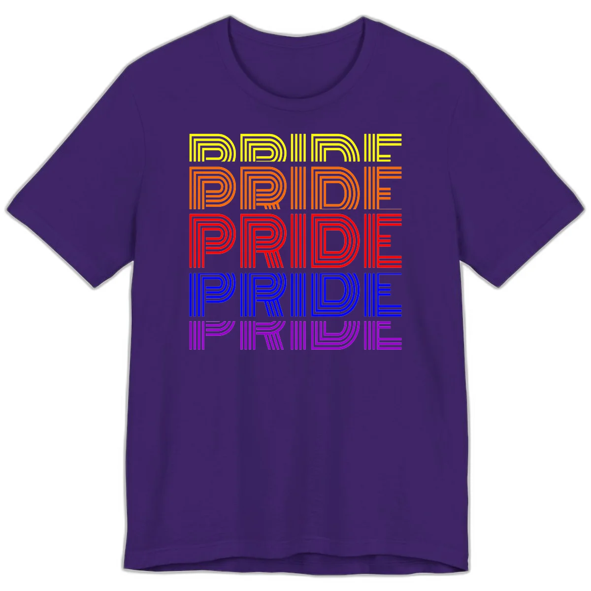 Rainbow-pride-stripes design with the word PRIDE repeated five times in yellow, orange, red, blue, and purple concentric lines on gray background in Team Purple