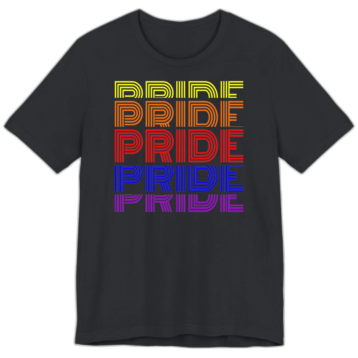 Rainbow-pride-stripes design with the word PRIDE repeated five times in yellow, orange, red, blue, and purple concentric lines on gray background in Vintage Black