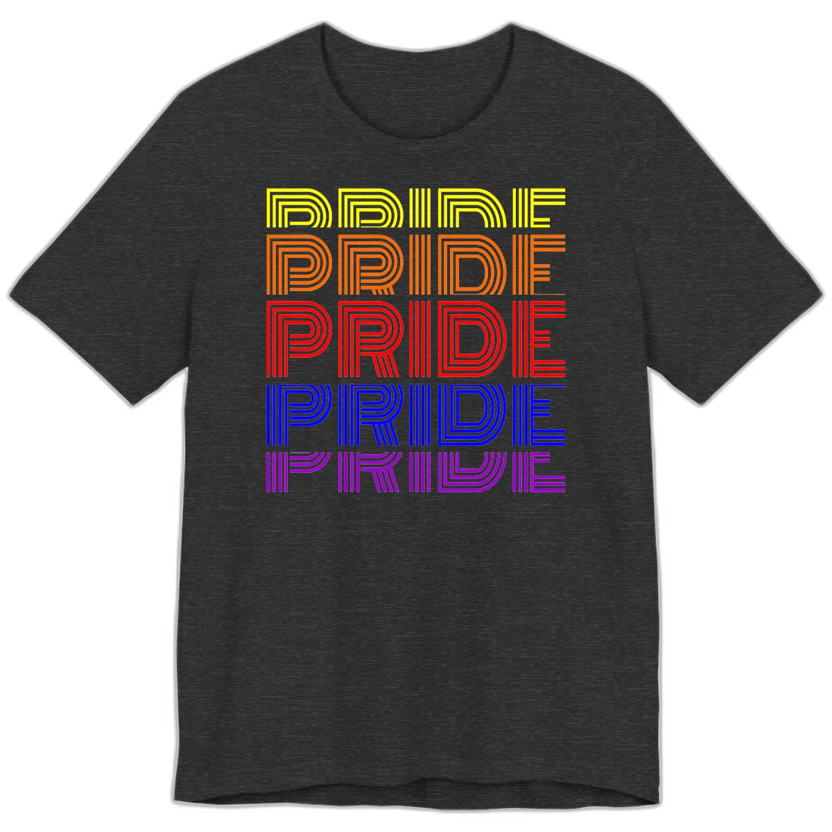 Rainbow-pride-stripes design with the word PRIDE repeated five times in yellow, orange, red, blue, and purple concentric lines on gray background in Dark Grey Heather