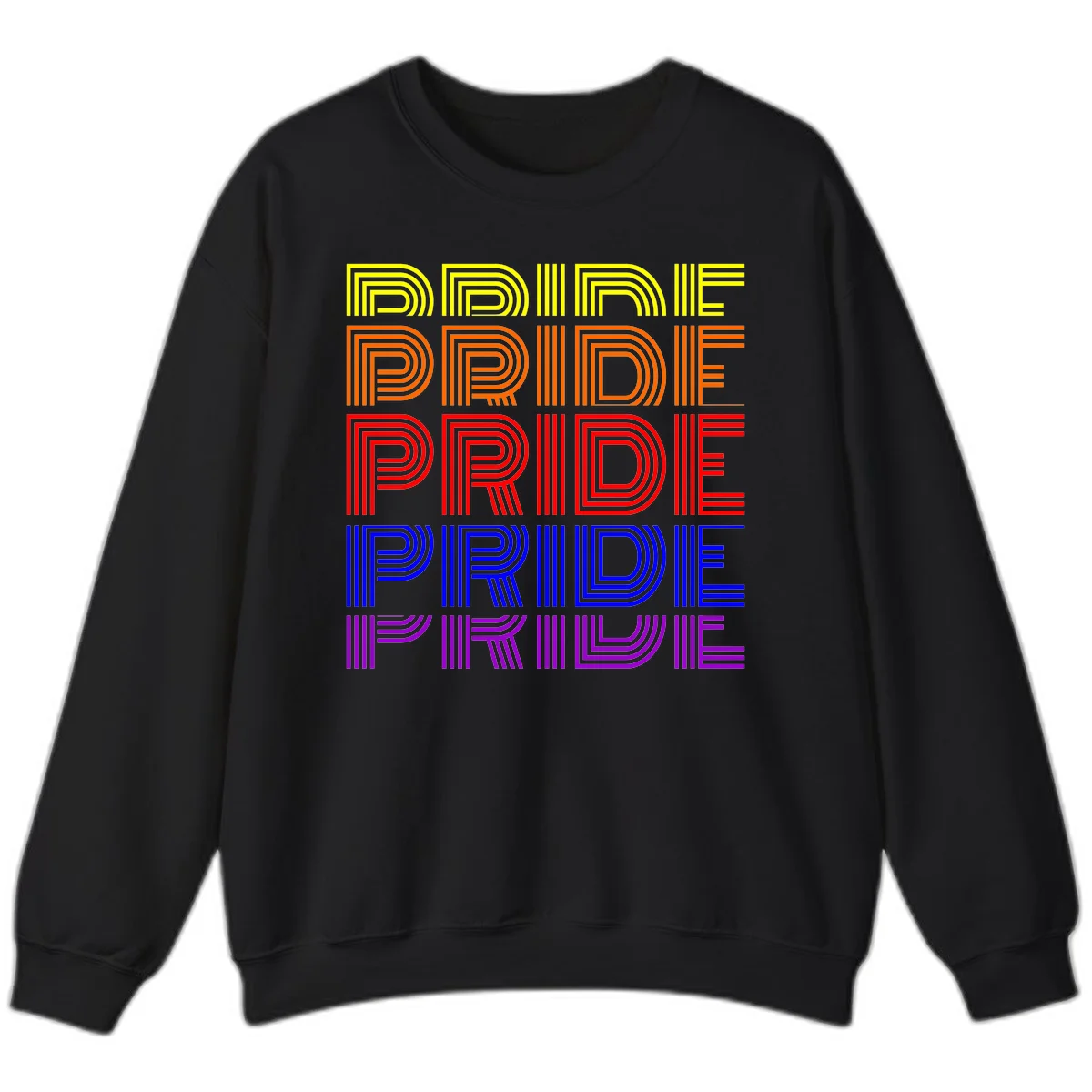 Rainbow-pride-stripes design with the word PRIDE repeated five times in yellow, orange, red, blue, and purple concentric lines on gray background in Black