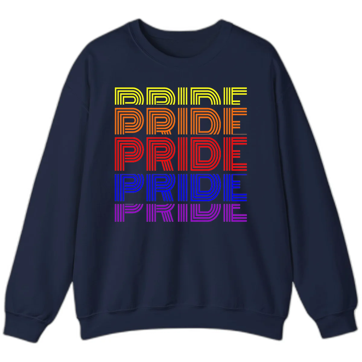 Rainbow-pride-stripes design with the word PRIDE repeated five times in yellow, orange, red, blue, and purple concentric lines on gray background in Navy