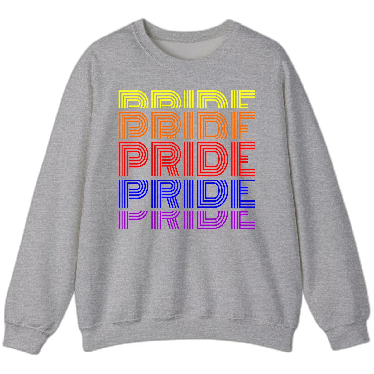 Rainbow-pride-stripes design with the word PRIDE repeated five times in yellow, orange, red, blue, and purple concentric lines on gray background in Sport Grey