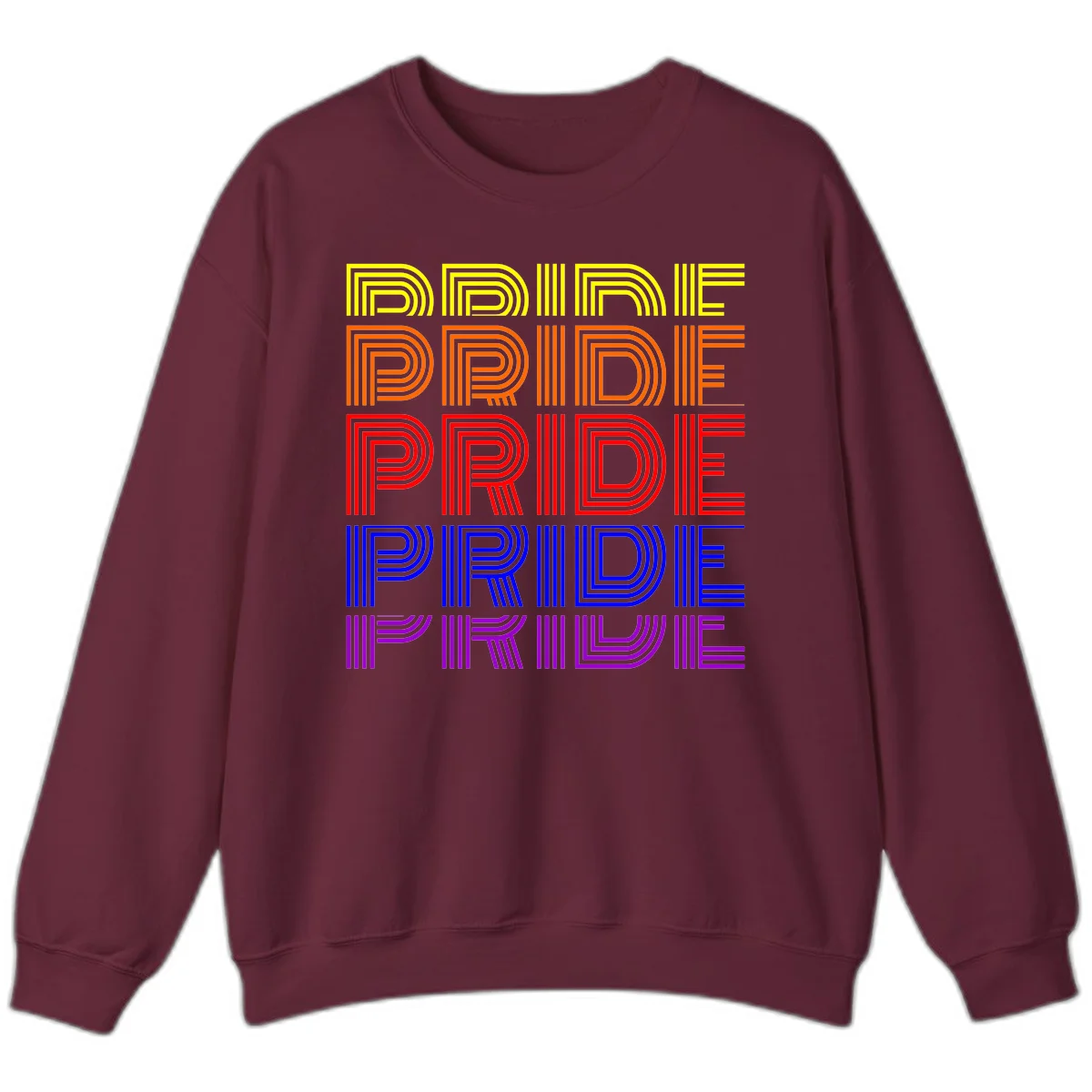 Rainbow-pride-stripes design with the word PRIDE repeated five times in yellow, orange, red, blue, and purple concentric lines on gray background in Maroon