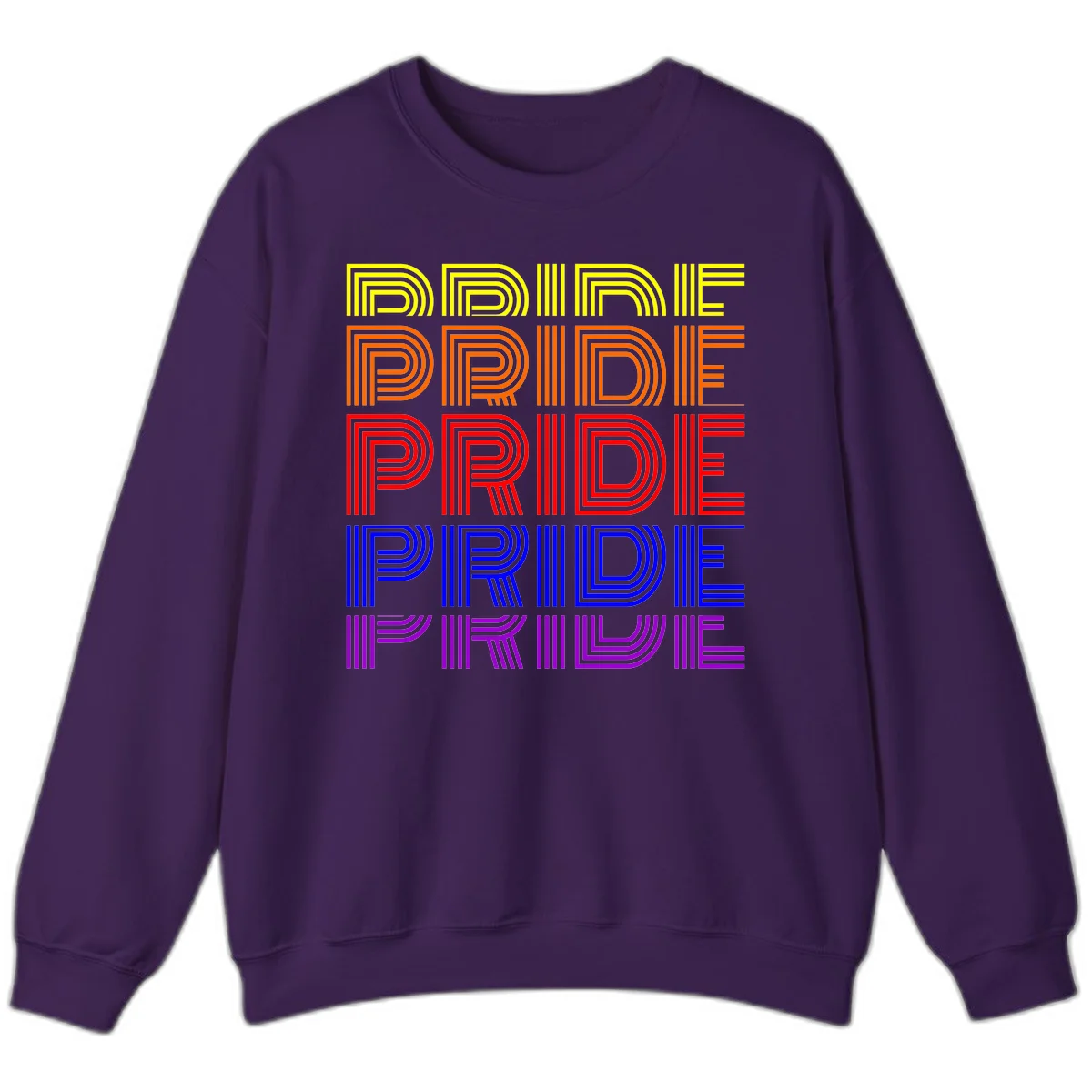 Rainbow-pride-stripes design with the word PRIDE repeated five times in yellow, orange, red, blue, and purple concentric lines on gray background in Purple