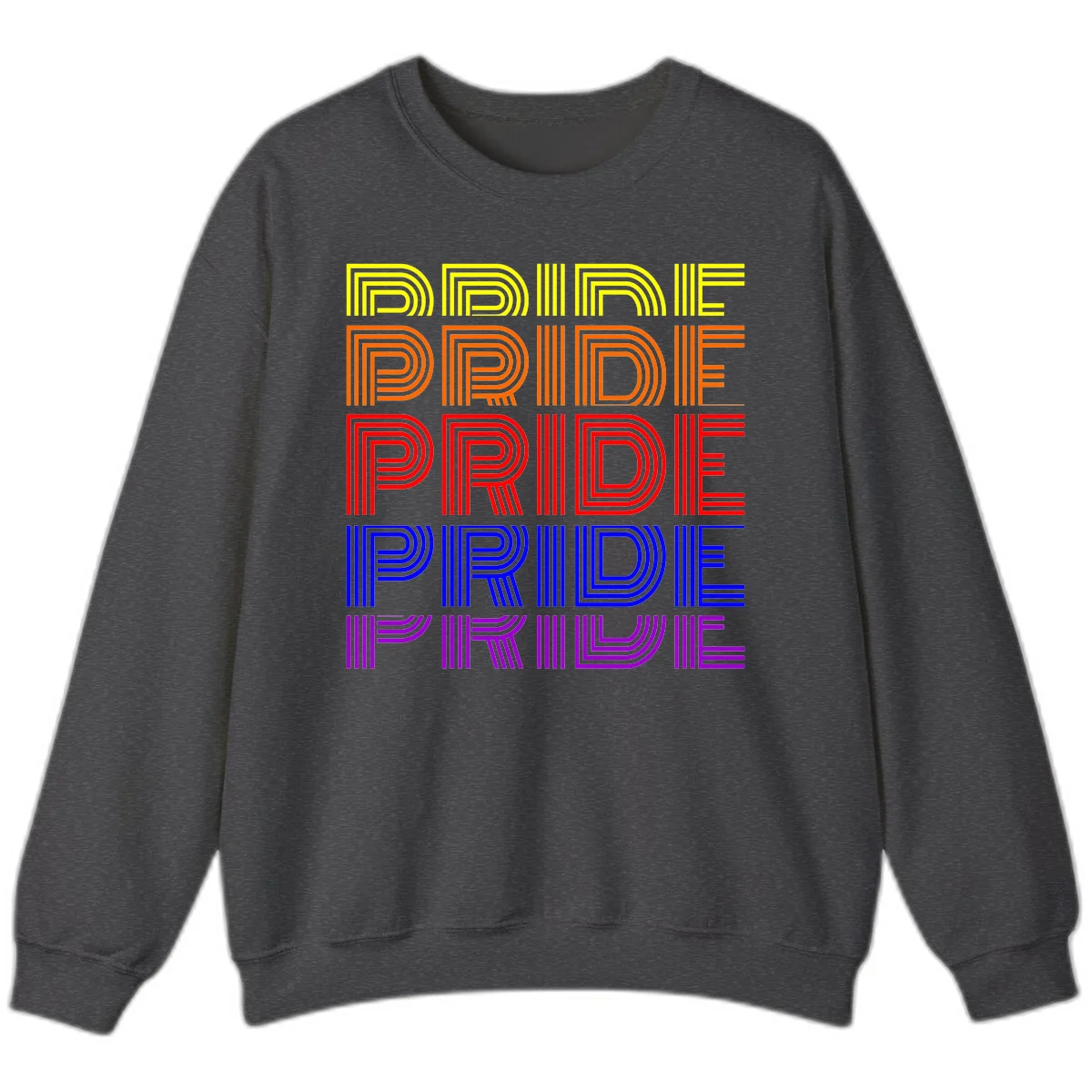 Rainbow-pride-stripes design with the word PRIDE repeated five times in yellow, orange, red, blue, and purple concentric lines on gray background in Dark Heather