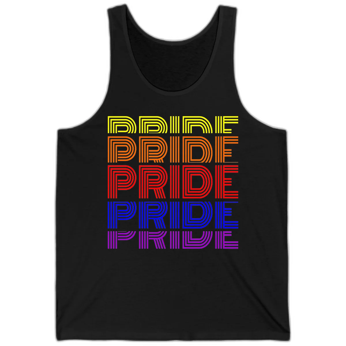 Rainbow-pride-stripes design with the word PRIDE repeated five times in yellow, orange, red, blue, and purple concentric lines on gray background in Black