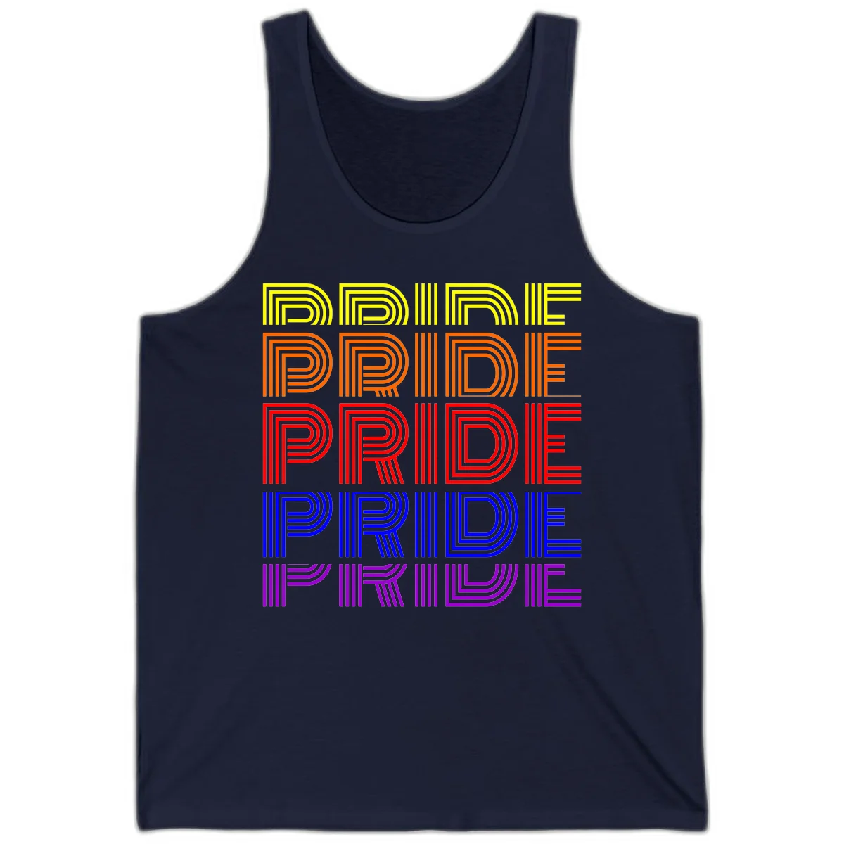 Rainbow-pride-stripes design with the word PRIDE repeated five times in yellow, orange, red, blue, and purple concentric lines on gray background in Navy