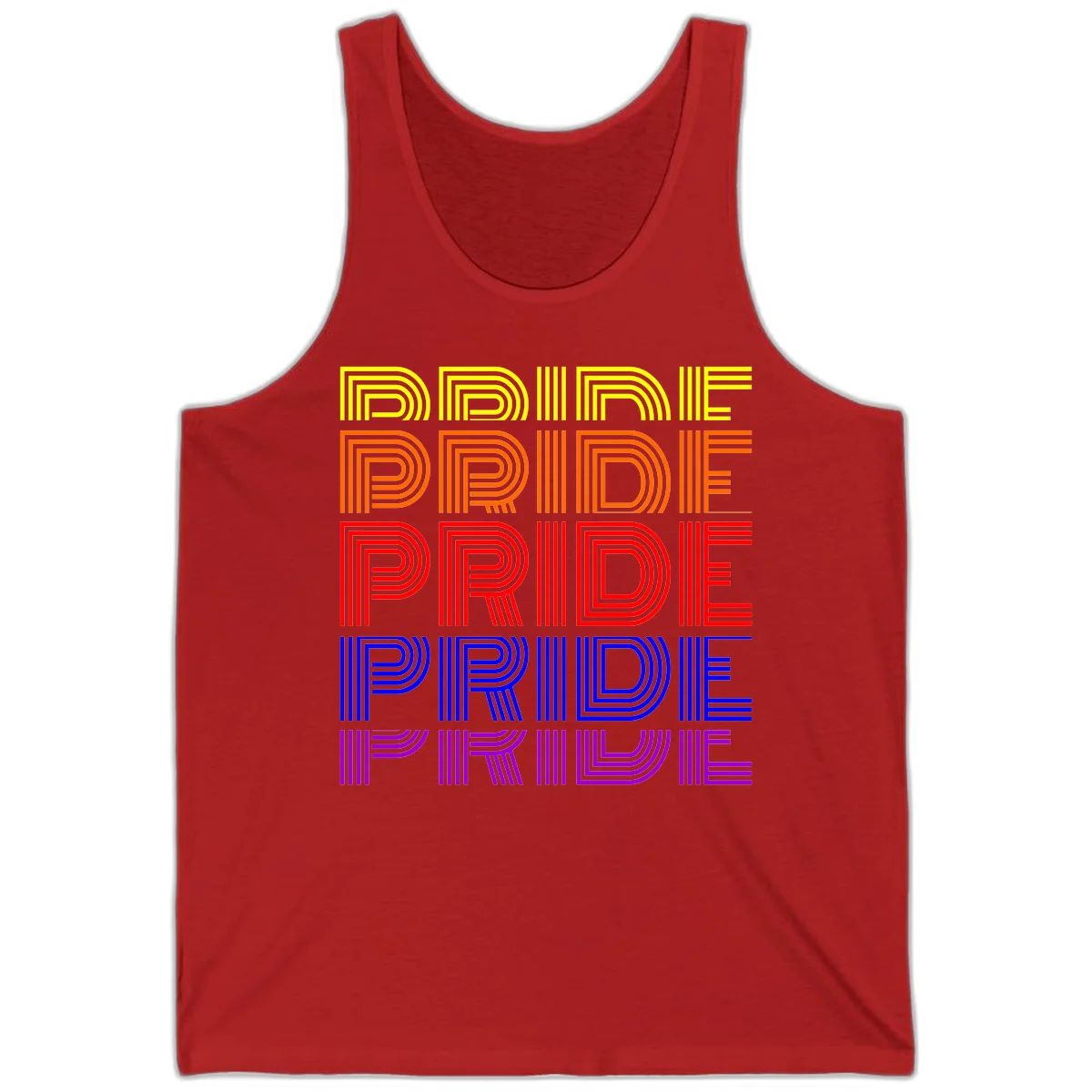 Rainbow-pride-stripes design with the word PRIDE repeated five times in yellow, orange, red, blue, and purple concentric lines on gray background in Red