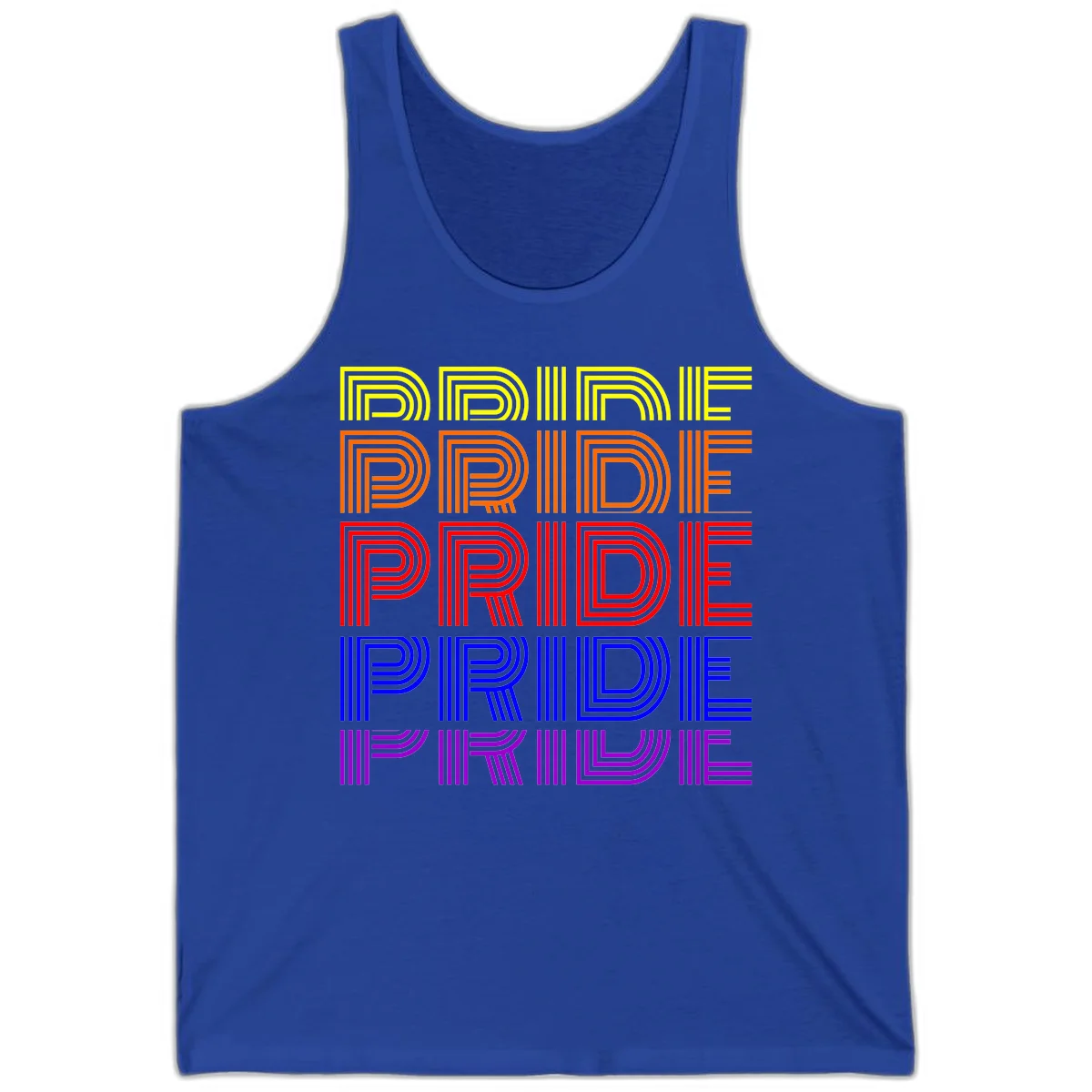 Rainbow-pride-stripes design with the word PRIDE repeated five times in yellow, orange, red, blue, and purple concentric lines on gray background in True Royal