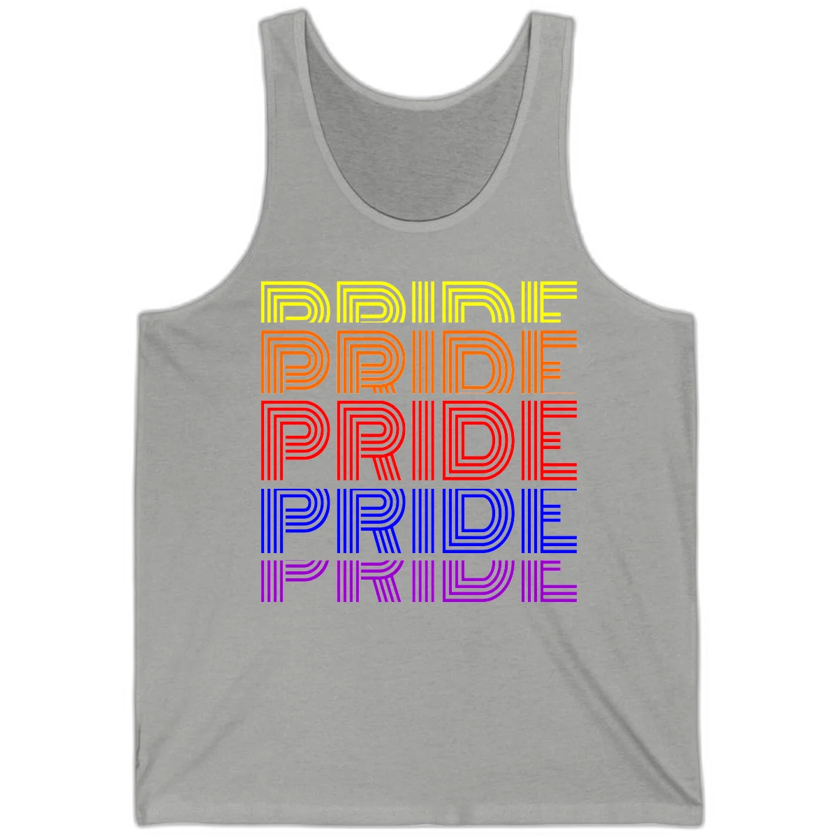 Rainbow-pride-stripes design with the word PRIDE repeated five times in yellow, orange, red, blue, and purple concentric lines on gray background in Athletic Heather