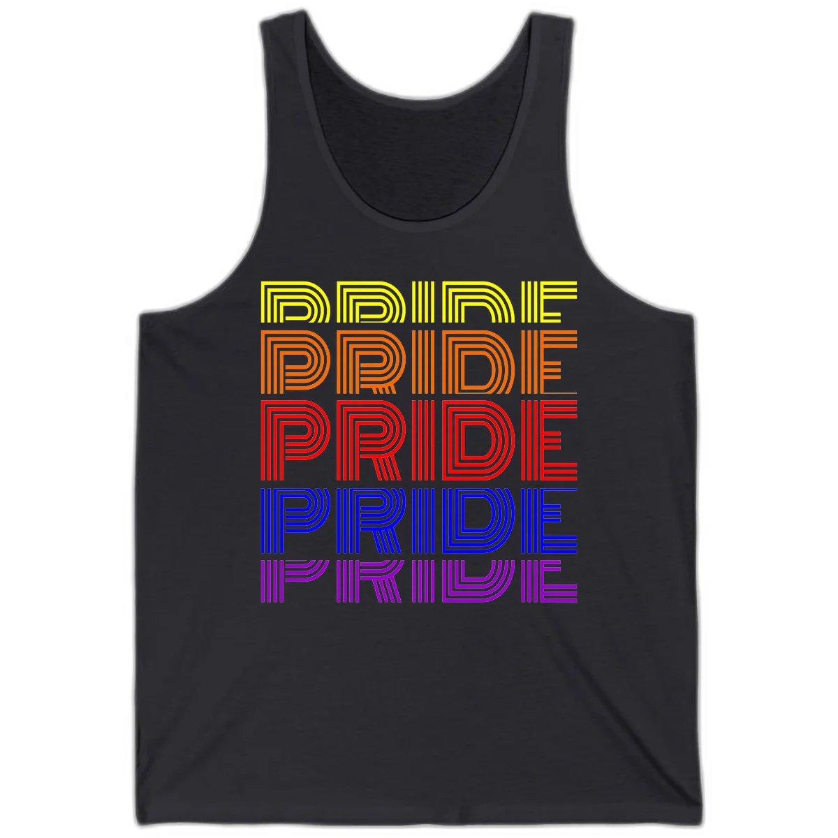 Rainbow-pride-stripes design with the word PRIDE repeated five times in yellow, orange, red, blue, and purple concentric lines on gray background in Dark Grey