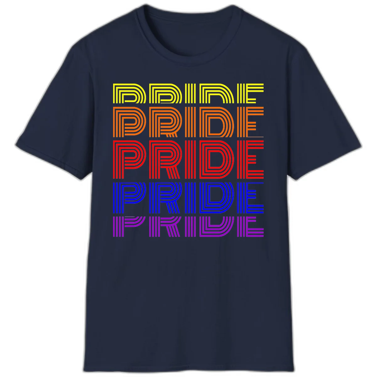 Rainbow-pride-stripes design with the word PRIDE repeated five times in yellow, orange, red, blue, and purple concentric lines on gray background in Navy
