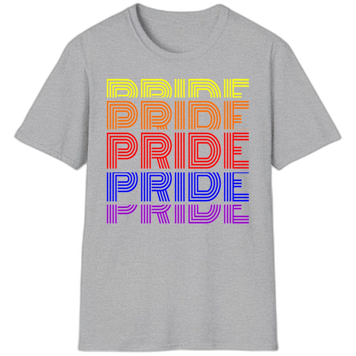 Rainbow-pride-stripes design with the word PRIDE repeated five times in yellow, orange, red, blue, and purple concentric lines on gray background in Sport Grey