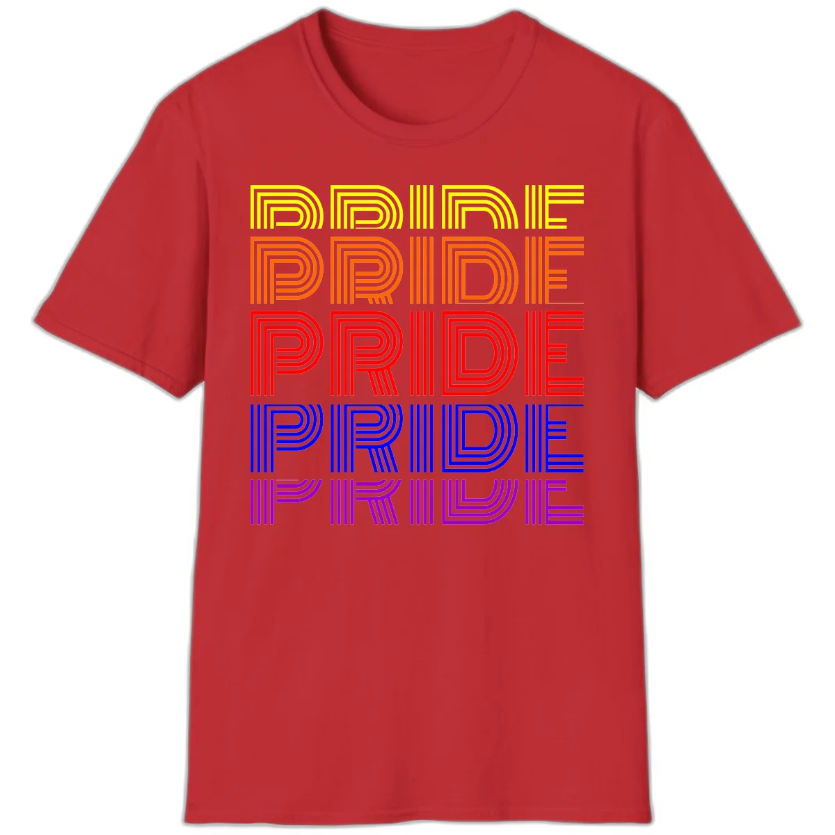Rainbow-pride-stripes design with the word PRIDE repeated five times in yellow, orange, red, blue, and purple concentric lines on gray background in Red