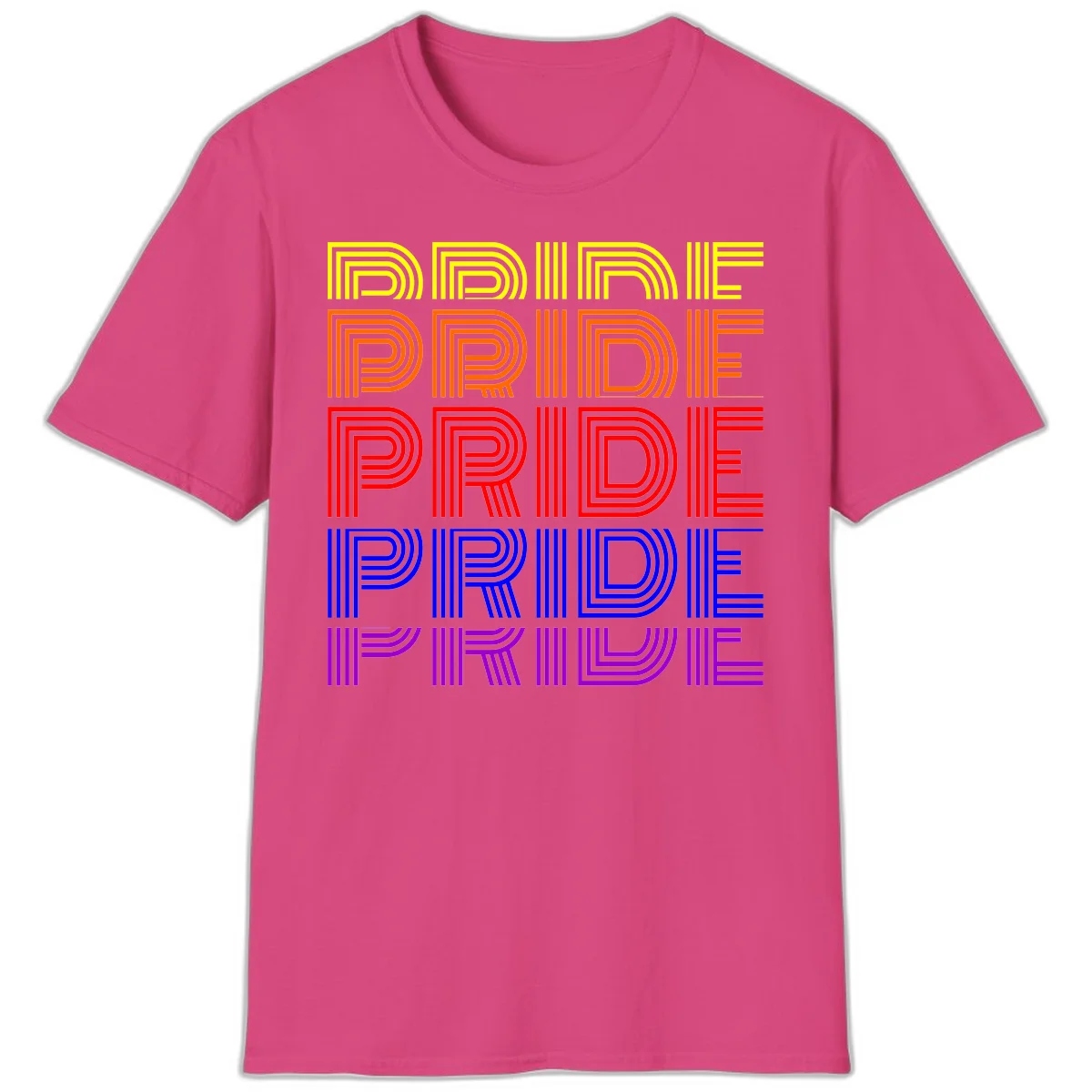 Rainbow-pride-stripes design with the word PRIDE repeated five times in yellow, orange, red, blue, and purple concentric lines on gray background in Heliconia