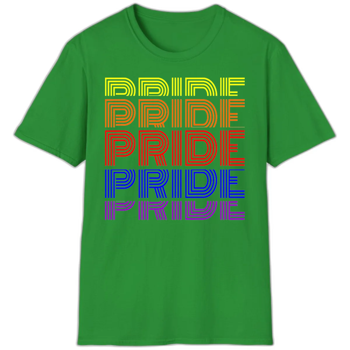 Rainbow-pride-stripes design with the word PRIDE repeated five times in yellow, orange, red, blue, and purple concentric lines on gray background in Irish Green