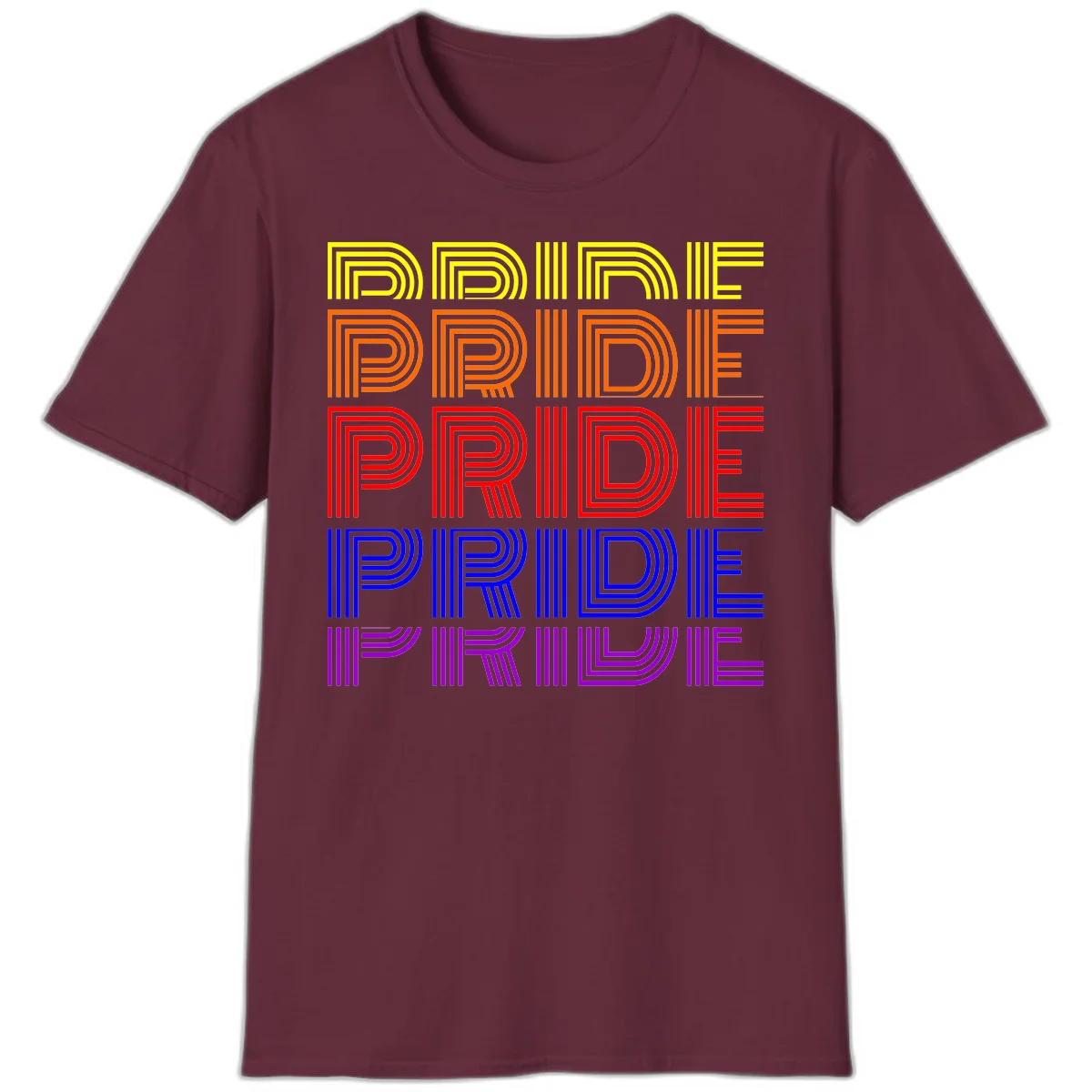 Rainbow-pride-stripes design with the word PRIDE repeated five times in yellow, orange, red, blue, and purple concentric lines on gray background in Maroon