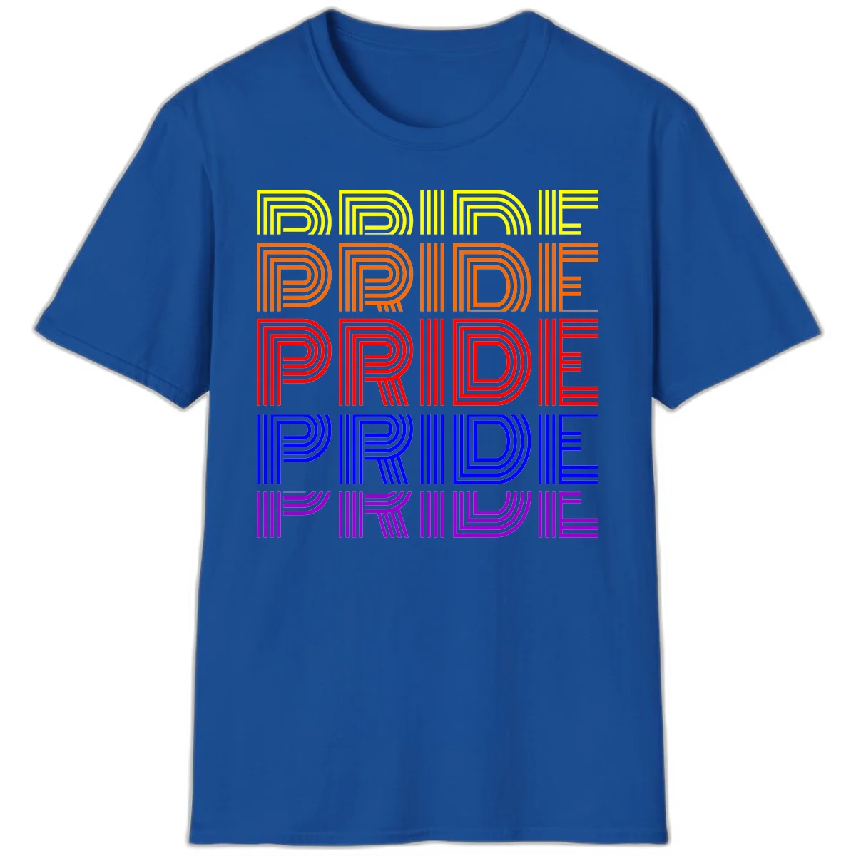 Rainbow-pride-stripes design with the word PRIDE repeated five times in yellow, orange, red, blue, and purple concentric lines on gray background in Royal