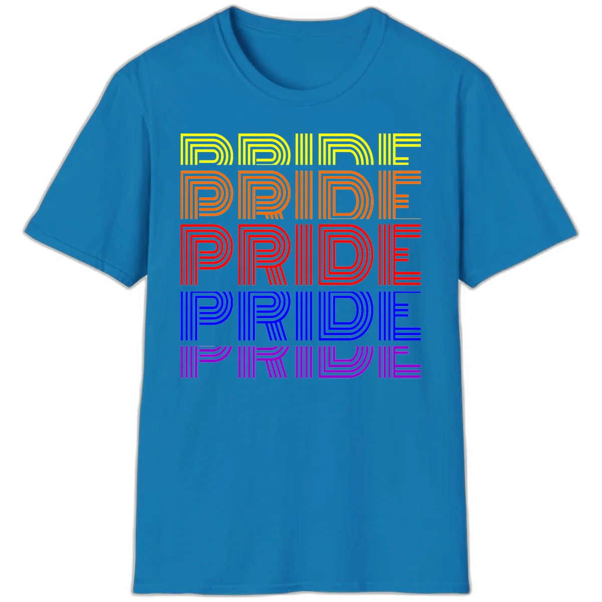 Rainbow-pride-stripes design with the word PRIDE repeated five times in yellow, orange, red, blue, and purple concentric lines on gray background in Sapphire