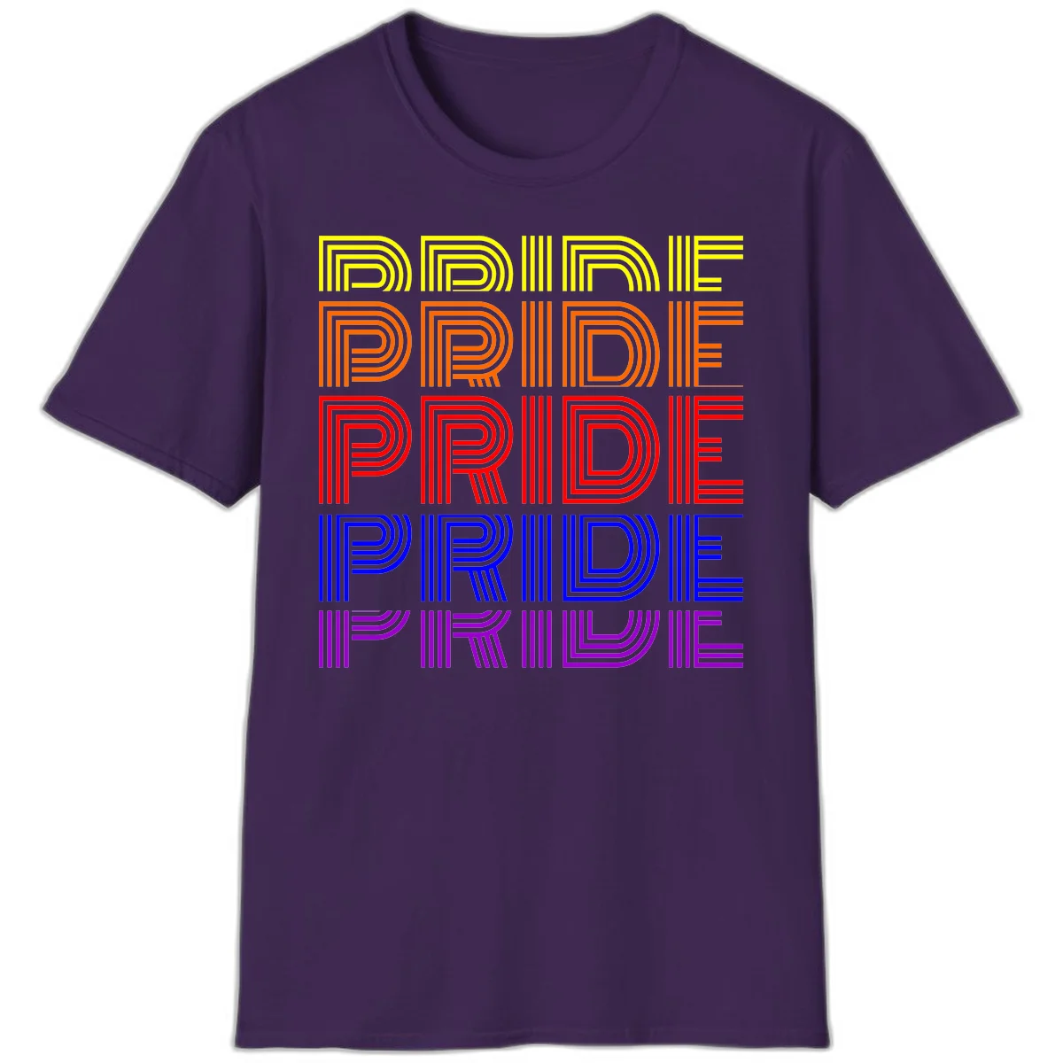Rainbow-pride-stripes design with the word PRIDE repeated five times in yellow, orange, red, blue, and purple concentric lines on gray background in Purple