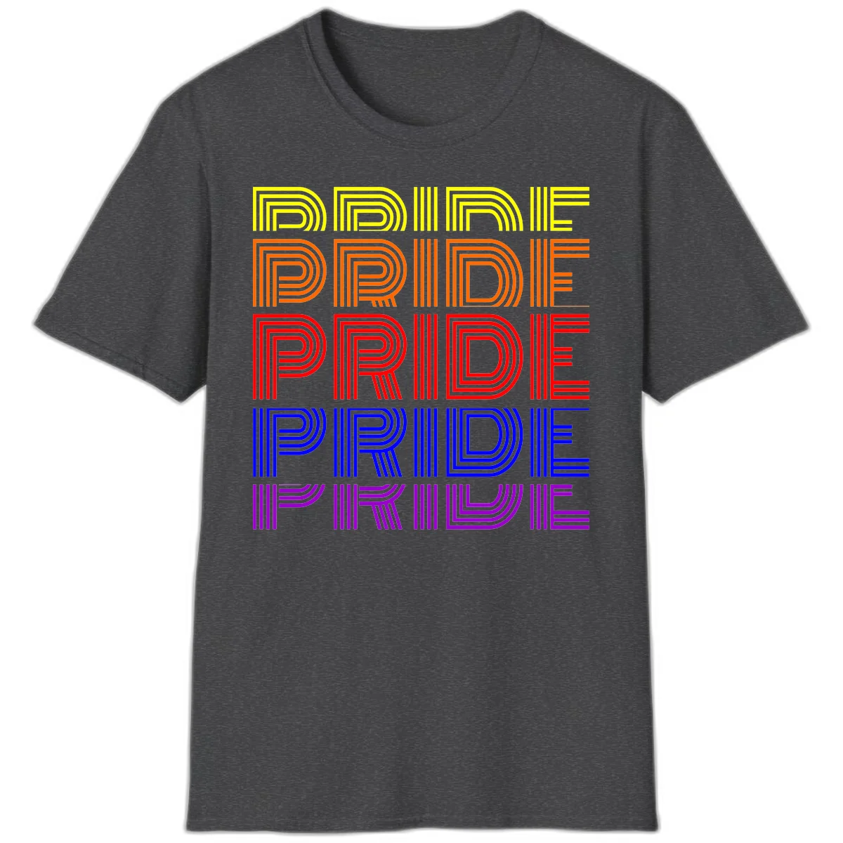 Rainbow-pride-stripes design with the word PRIDE repeated five times in yellow, orange, red, blue, and purple concentric lines on gray background in Dark Heather