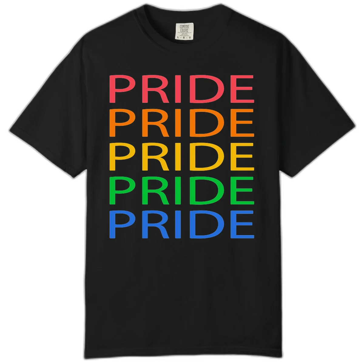 Rainbow pride repeating text design with the word PRIDE stacked five times in red, orange, yellow, green, and blue colors on gray background in Black