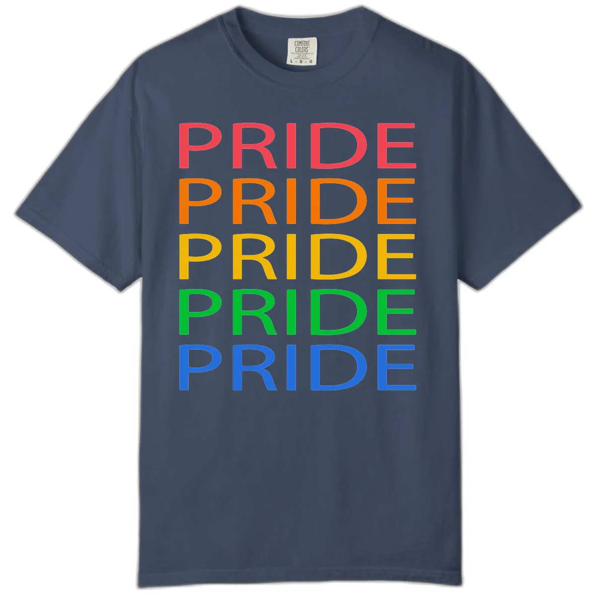 Rainbow pride repeating text design with the word PRIDE stacked five times in red, orange, yellow, green, and blue colors on gray background in Midnight