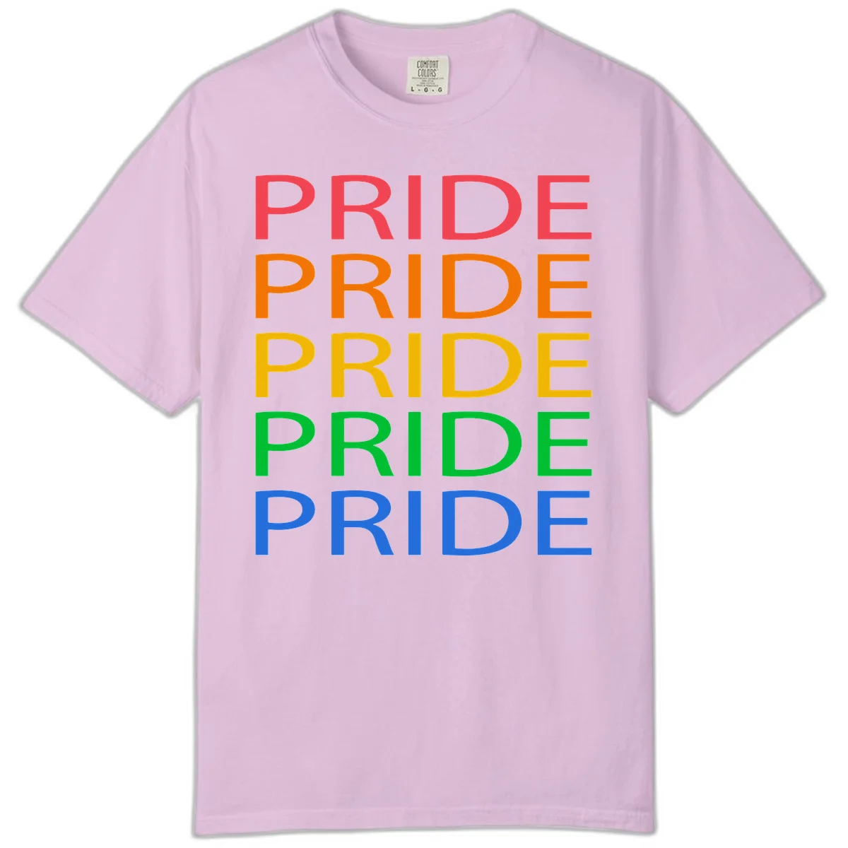 Rainbow pride repeating text design with the word PRIDE stacked five times in red, orange, yellow, green, and blue colors on gray background in Orchid