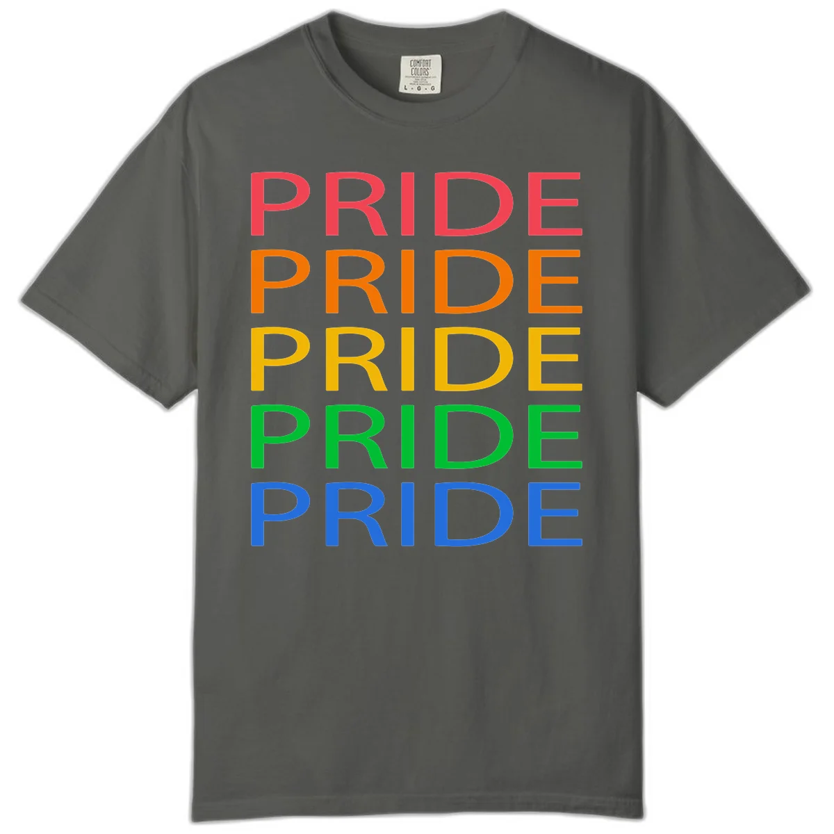 Rainbow pride repeating text design with the word PRIDE stacked five times in red, orange, yellow, green, and blue colors on gray background in Pepper