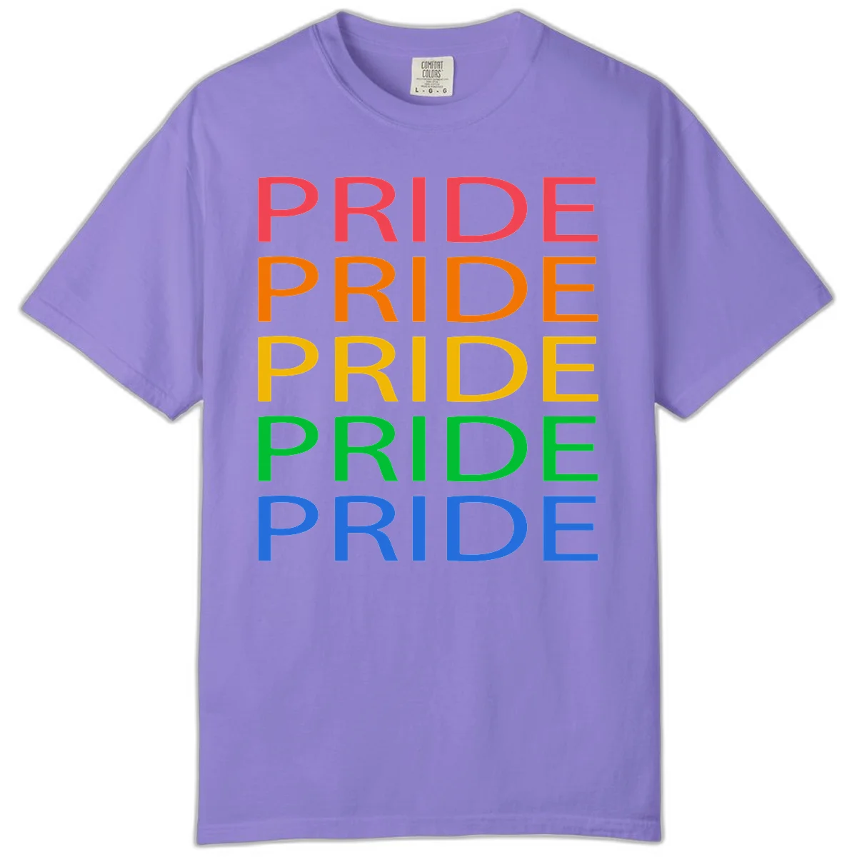 Rainbow pride repeating text design with the word PRIDE stacked five times in red, orange, yellow, green, and blue colors on gray background in Violet