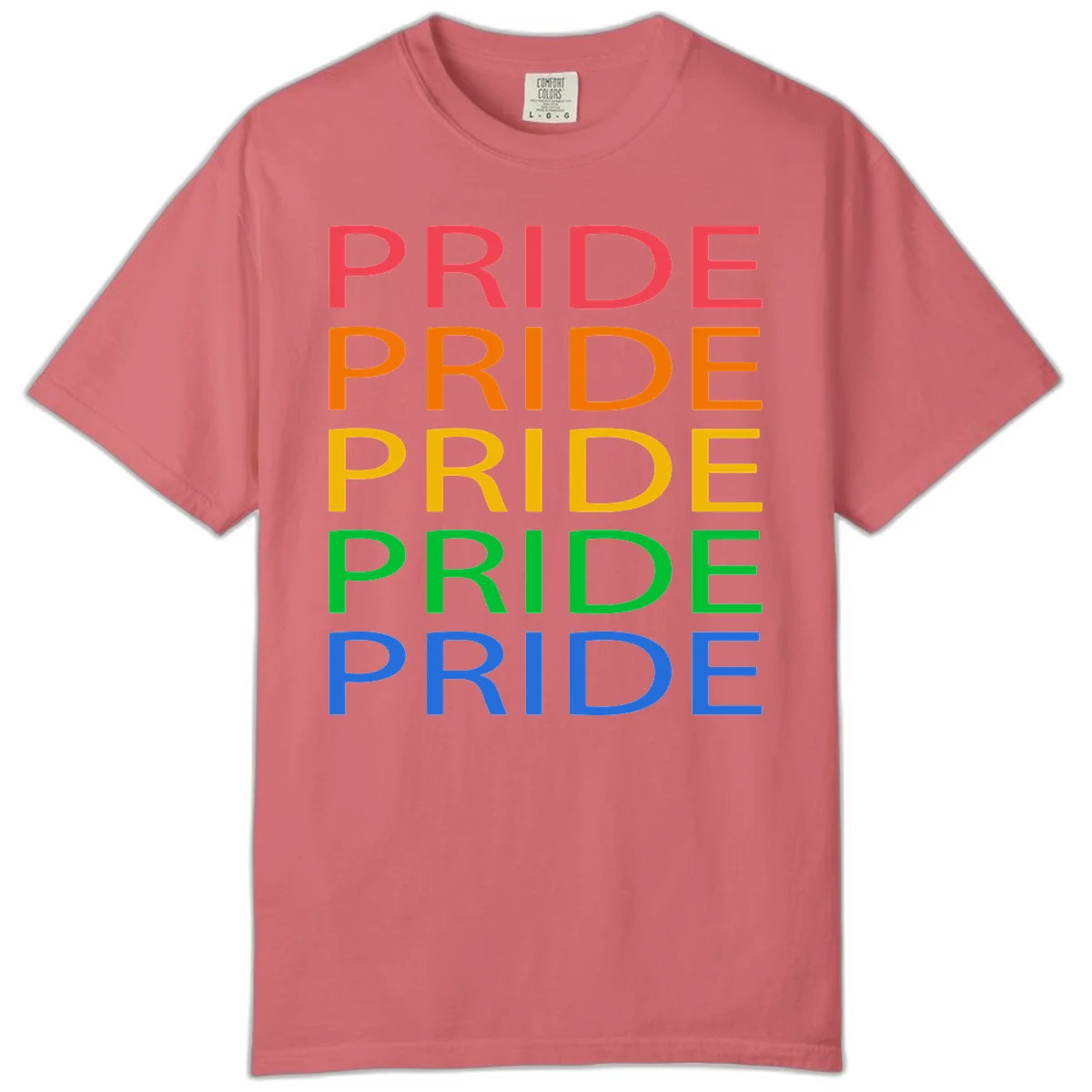 Rainbow pride repeating text design with the word PRIDE stacked five times in red, orange, yellow, green, and blue colors on gray background in Watermelon