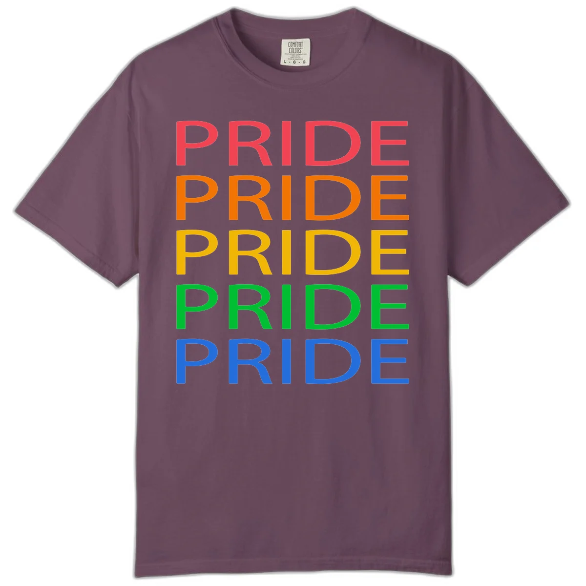 Rainbow pride repeating text design with the word PRIDE stacked five times in red, orange, yellow, green, and blue colors on gray background in Berry