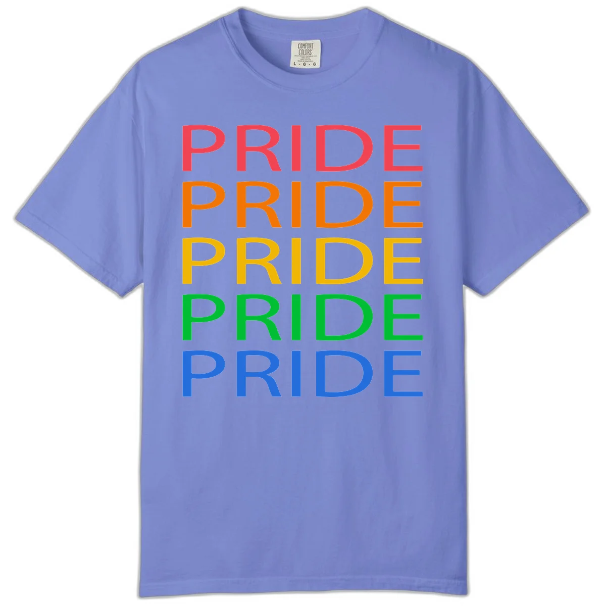 Rainbow pride repeating text design with the word PRIDE stacked five times in red, orange, yellow, green, and blue colors on gray background in Flo Blue